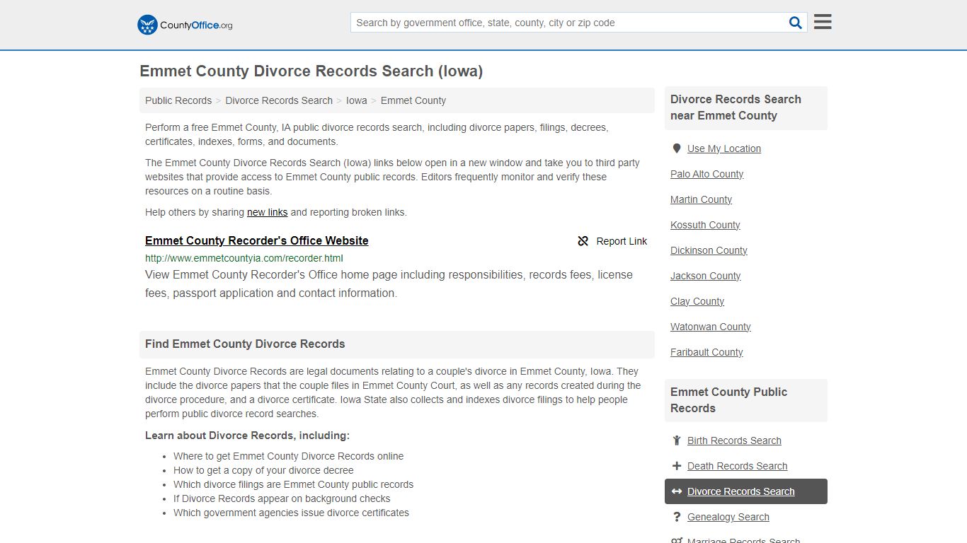 Emmet County Divorce Records Search (Iowa) - County Office